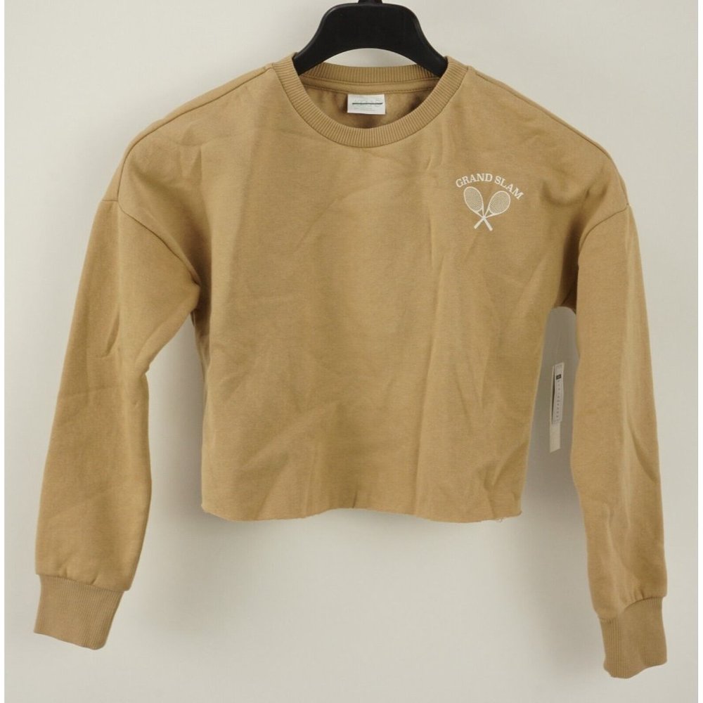 New ABOUND Grand Slam Tennis Sweatshirt Women's XXS Brown Fleece Lined Crew Crop